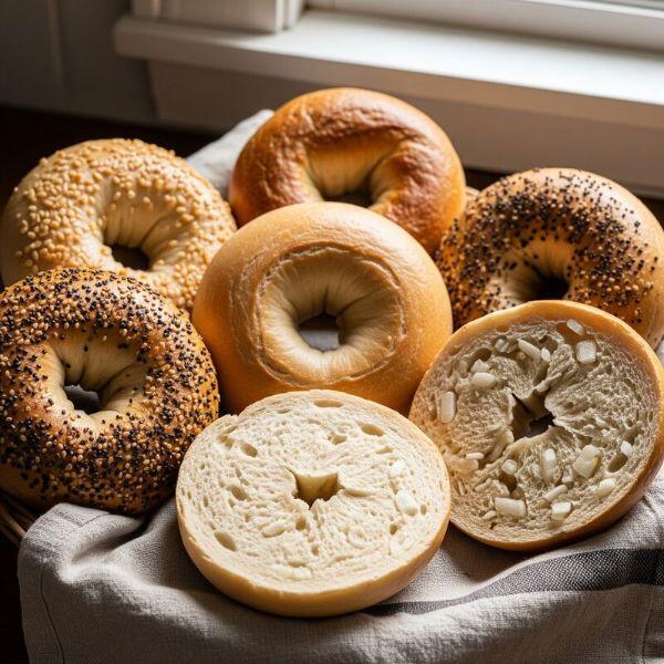 A basket of fresh Bagel Barn bagels including everything, plain, poppy, sesame, and asiago
